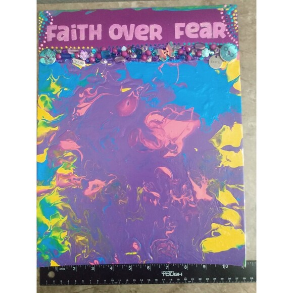 Faith Over Fear Mixed Media Acrylic Pour Inspirational Art Canvas Wall Decor - Picture 9 of 16